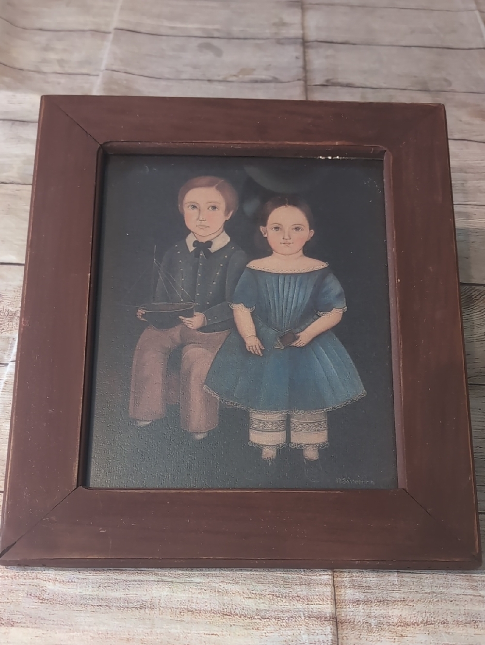 Norma Schneeman Primitive Folk Art Boy Girl Boat Book Framed Print 1980's